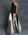 One-shoulder color-block maxi dress with pleated texture in black, white and grey tones - S / Dark Grey