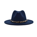Navy blue wide brim wool fedora hat with leopard print band and gold star buckle - M (56-58cm) / Navy Blue