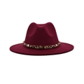 Close-up of wine red wool fedora with leopard print band and gold star studs - M (56-58cm) / Burgundy