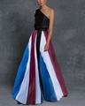Robe longue asymétrique pour femme avec jupe plissée à empiècement multicolore - S / Noir avec Rayures Arc-en-ciel