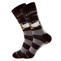 Brown and grey striped coffee theme knit crew socks with white coffee cup graphic - Size 38-45 / Square Coffee