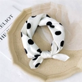 Polka dot white silk scarf with large black dots styled as a tied neckerchief - Large Polka Dot Beige