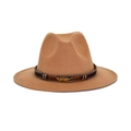 Classic camel fedora hat with a woven band and golden feather detail on a white background - Camel