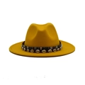 Bright yellow wool fedora hat with bohemian shell band and flat brim for women - M (56-58cm) / Yellow
