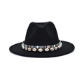 Black fedora wool hat with ethnic woven band and white shells decoration for women - M (56-58cm) / Black