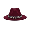 Classic burgundy wide brim fedora hat featuring woven band with white seashell decorations - M (56-58cm) / Burgundy