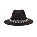Detail of dark brown wool fedora hat featuring colorful woven band and seashell accents - M (56-58cm) / Dark Gray