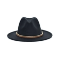 Κλασικό μαύρο καπέλο Fedora με φαρδύ γείσο, καφέ πλεκτή κορδέλα και χρυσή αλυσίδα - M (56-58cm) / σκούρο γκρι