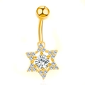 Gold stainless steel navel ring featuring a hexagonal star pendant with sparkling zircon gems - Gold Hollow Star-JE0055