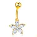 Elegant gold belly button ring featuring a zircon flower design with white studio backdrop - Gold Flower Star-JE0051B