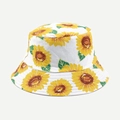 Close-up of sunflower print detail on a cotton reversible bucket hat for sun protection - M (56-58cm) / White with Sunflower
