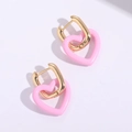 Boucles d'oreilles cœur en émail rose à la mode avec créoles dorées en métal en U - Rose