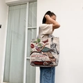 Ethnic style large beige canvas tote bag with vintage jacquard print and shoulder strap - Statue of Liberty