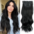 Extension di capelli sintetici neri lunghi e mossi con clip per il volume quotidiano - Mosso Lungo / Nero Naturale (4322-1B)
