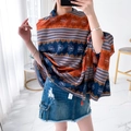 Ethnic cotton linen scarf with blue and orange patterns and tassel details - 180cm / Orange Blue Pattern Tassel Style (L60)