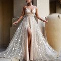 Champagne sequin evening gown with star patterns and high slit in outdoor scene - S / Champagne