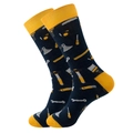 Dark blue crew socks featuring yellow contrast accents and tool-themed graphic prints - Size 38-45 / Tools