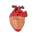 Enamel heart brooch in red and flesh tone with Love Hurts bandage design on white background - Love Hurts Heart