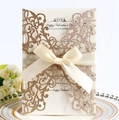 Biglietto d'invito nozze laserato glitter oro con nastro e fiocco beige - Oro Rosa Scintillante