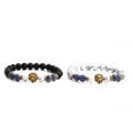 8mm matte black and white marble beaded lion head bracelets with blue emperor stone accents - Lion Head Bracelet 2PCS Set