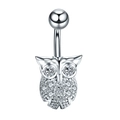 Polished silver owl navel ring with sparkling zircon stones on a white background - Owl-JE0038