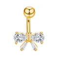 Gold bow-shaped belly button ring with AAA cubic zirconia and pear-cut heart charms - Gold Bow-JE0050