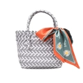 Grey and white woven tote bag with decorative daisy print silk scarf and handle - Light Gray