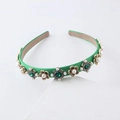 Luxurious green satin headband featuring emerald rhinestones and vintage flower pearls - Vintage Luxurious Wide-Brim Headband Style (4849602528664) / Green