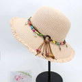 Beige straw boho sun hat featuring colorful beads, shells and fringe details - M Adult (56-58cm) / Pink