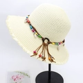 Creamy white woven straw sun hat with bohemian colorful beads and shell fringe - M Adult (56-58cm) / Cream