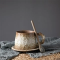 Japanese style vintage ceramic coffee cup set with saucer and spoon in brown and cream - Cream White Set With Spoon 310ml