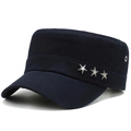Detail of navy flat top military cap with three silver star metal badges on the side - Adjustable / Blue
