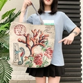 Detail of canvas tote bag with vintage coral and seahorse prints and striped straps - Seahorse & Coral