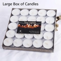 Bulk pack of 25 white tea lights candles in aluminum holders on a fabric background - Tealight Candle