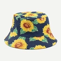 Reversible navy sunflower bucket hat with yellow floral print and wide sun shade brim - M (56-58cm) / Sunflower Deep Blue