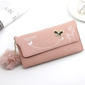 Pink faux leather long wallet with butterfly ornament and plush ball keychain charm - Pink