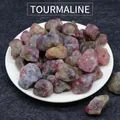 Natural tourmaline raw stone chips in assorted colors on a white ceramic plate - Tourmaline