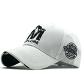 White casual baseball cap with M EXPLORE embroidery and distressed brim on white background - Adjustable / White
