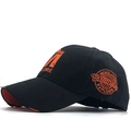Black cotton baseball cap with orange embroidery and distressed brim detail - Adjustable / Orange