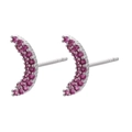 Macro view of crescent moon stud earrings with micro-paved pink cubic zirconia - White Gold Red Zircon Moon