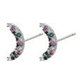 Detailed view of crescent moon stud earrings with colorful pavé-set round zircon stones - White Gold Colorful Zircon Moon