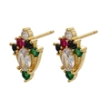 Macro shot of gold-plated stud earrings featuring colorful zircon stones in a shield cluster - Gold Colorful Zircon Flower