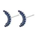 Detailed view of crescent moon stud earrings with blue pave zircon in silver setting - White Gold Blue Zircon Moon