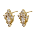 Macro shot of gold-plated geometric stud earrings with sparkling zircon gemstones - Gold White Zircon Flower