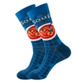 Navy blue crew socks featuring light blue grid patterns and creative ramen soup bowl graphics - Size 38-45 / Appetizer Soup