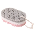 Esponja de baño de tres capas en gris, blanco y rosa con ranuras y cordón para colgarla - Gris Blanco Rosa