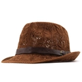 Handwoven brown straw jazz hat with breathable knit texture and leather strap buckle - M (56-58cm) / Caramel color