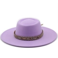 Detail view of lavender wool felt flat top hat with ethnic patterned woven band - M (56-58cm) / Taro Purple