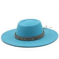 Classic sky blue flat top wool felt fedora hat with ethnic woven band and leather cords - M (56-58cm) / Lake Blue
