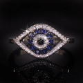 Polished S925 sterling silver evil eye ring with blue and white zircon pavé setting - US 6 / Silver